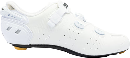 White cycling shoe with brand logo on a white background