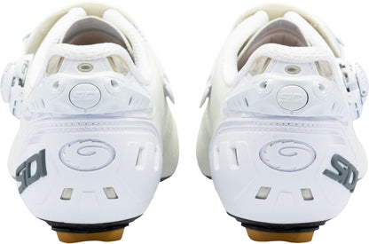 White cycling shoes with brand logo on a white background