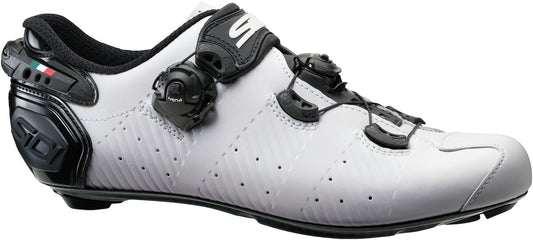 White cycling shoe with black accents on a white background