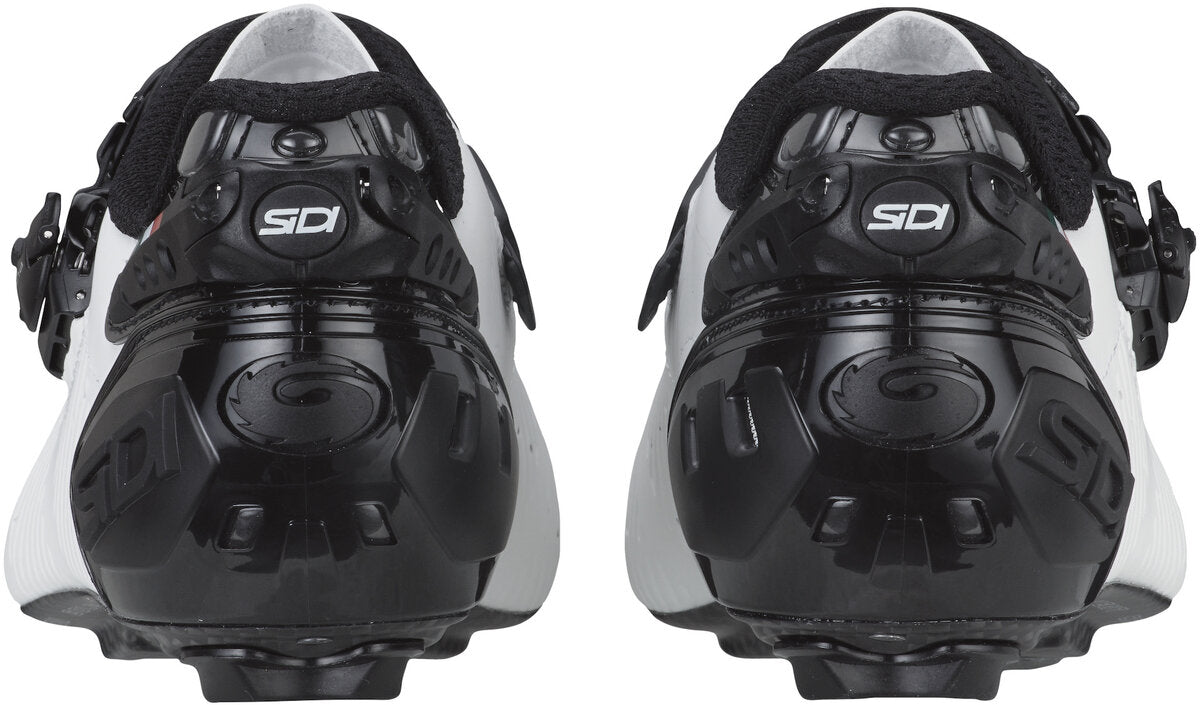 Black and white cycling shoes with Sidi branding on a white background